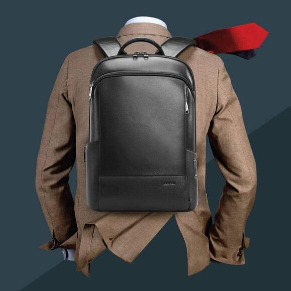 Men Black Unisex Slim Genuine Leather Laptop Backpack 15-15.6 inch Lightweight